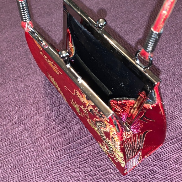 Asian Mini Red Silk Golden Dragon Snap Button Purse 4”H x 2”W x 5.5” L - Picture 11 of 13